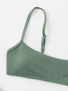 SHEIN Swim 素色羅紋吊帶比基尼泳裝上衣 - 軍綠色 - 查看 5