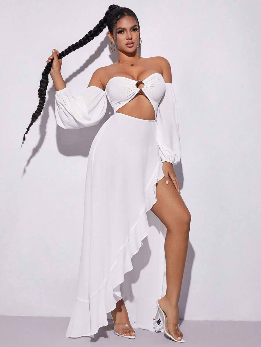 SHEIN SXY Off Shoulder Ring Linked Cut Out Ruffle Trim Split Hem Dress