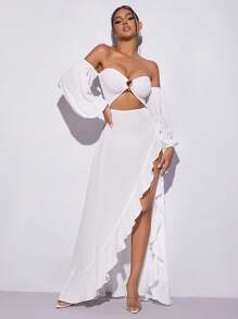 SHEIN SXY Off Shoulder Ring Linked Cut Out Ruffle Trim Split Hem Dress