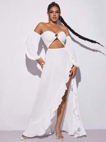 SHEIN SXY Off Shoulder Ring Linked Cut Out Ruffle Trim Split Hem Dress
