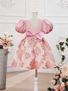 SHEIN 年輕女孩們後綁帶蝴蝶結泡泡袖花卉圖案提花派對禮服
