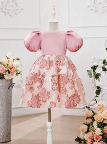 SHEIN 年輕女孩們後綁帶蝴蝶結泡泡袖花卉圖案提花派對禮服