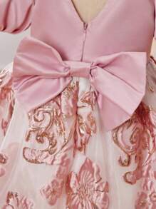 SHEIN 年輕女孩們後綁帶蝴蝶結泡泡袖花卉圖案提花派對禮服