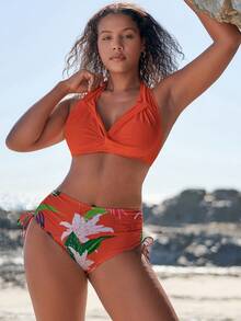 Swim DD+ 熱帶圖案前扭結掛脖比基尼泳裝 - 橘色 - 查看 3