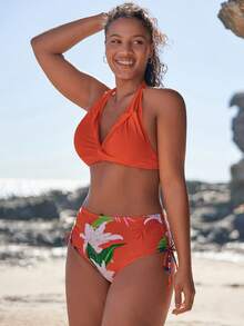 Swim DD+ 熱帶圖案前扭結掛脖比基尼泳裝 - 橘色 - 查看 4