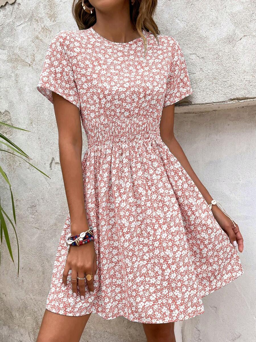 SHEIN VCAY Đầm Nút Dải chun Họa tiết hoa Boho - Hồng - Xem 1