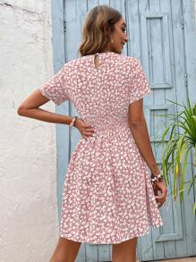 SHEIN VCAY Đầm Nút Dải chun Họa tiết hoa Boho - Hồng - Xem 2