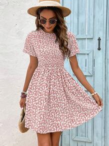 SHEIN VCAY Đầm Nút Dải chun Họa tiết hoa Boho - Hồng - Xem 4