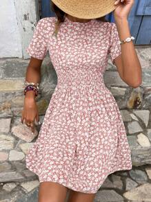 SHEIN VCAY Đầm Nút Dải chun Họa tiết hoa Boho - Hồng - Xem 5