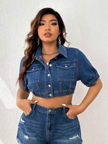 SHEIN Essnce Áo Jacket Denim Plus Size Túi Nút phía trước màu trơn Giải trí - Rửa trung bình - Xem 4