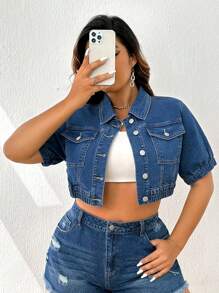 SHEIN Essnce Áo Jacket Denim Plus Size Túi Nút phía trước màu trơn Giải trí - Rửa trung bình - Xem 5