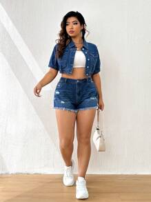 SHEIN Essnce Áo Jacket Denim Plus Size Túi Nút phía trước màu trơn Giải trí - Rửa trung bình - Xem 6