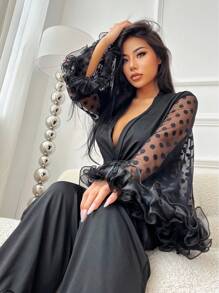 拼接波點網紗喇叭袖腰帶睡衣套裝 - 黑色 - 查看 4