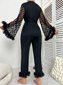 拼接波點網紗喇叭袖腰帶睡衣套裝 - 黑色 - 查看 2