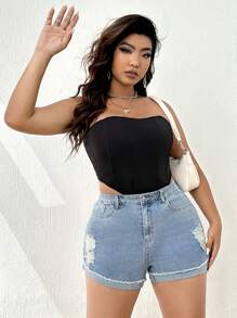 SHEIN EZwear Plus Ripped Frayed Roll Up Hem Denim Shorts - Light Wash - View 1