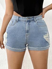 SHEIN EZwear Plus Ripped Frayed Roll Up Hem Denim Shorts - Light Wash - View 3