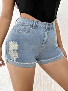 SHEIN EZwear Plus Ripped Frayed Roll Up Hem Denim Shorts - Light Wash - View 6