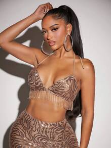 SHEIN SXY Áo khoác và áo lót dành cho xe tăng nữ Lộ Lưng Buộc lại cườm đính mép Tất cả trên in Gợi cảm - Nhiều màu - Xem 7