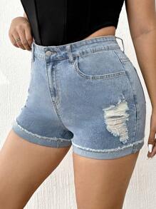 SHEIN EZwear Plus Ripped Frayed Roll Up Hem Denim Shorts - Light Wash - View 4
