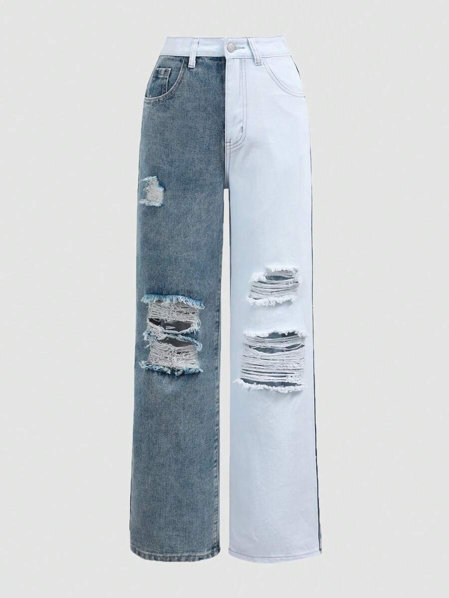 Cô gái tuổi teen Rách Hai âm Quần legging thẳng - Xanh và trắng - Xem 1