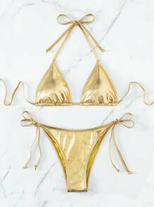 Swim Vcay Summer Beach Metallic Halter Triangle Tie Side Bikini Set - Gold - View 1