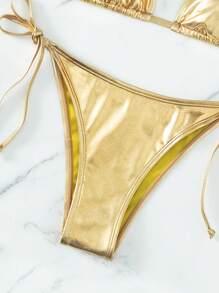 Swim Vcay Summer Beach Metallic Halter Triangle Tie Side Bikini Set - Gold - View 3