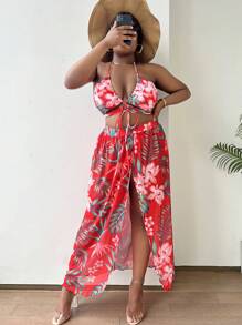 SHEIN Slayr 大尺寸熱帶印花掛脖比基尼套裝搭配沙灘裙夏季海灘 - 彩色 - 查看 1