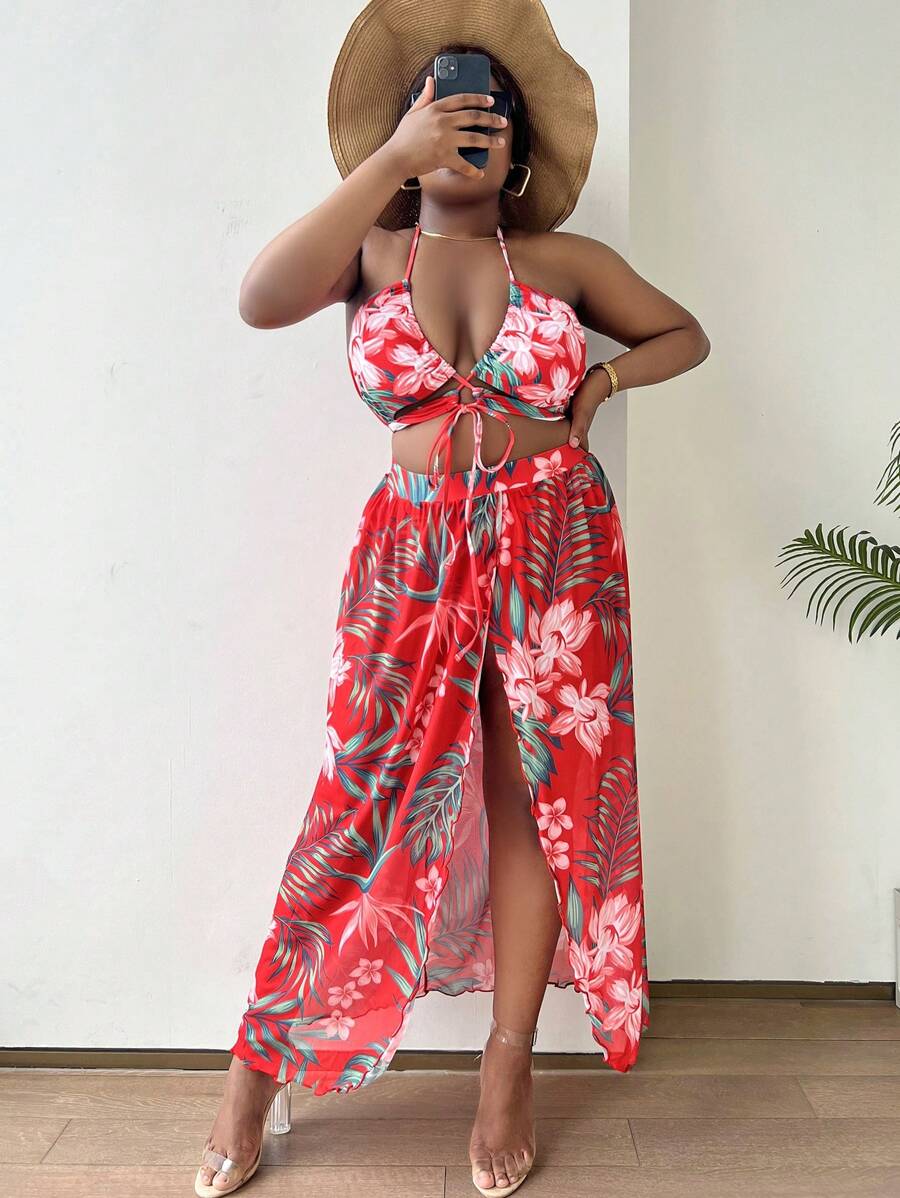 SHEIN Slayr 大尺寸熱帶印花掛脖比基尼套裝搭配沙灘裙夏季海灘 - 彩色 - 查看 1
