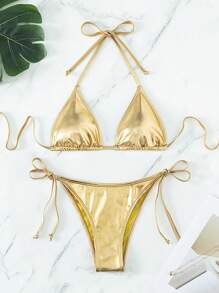 Swim Vcay Summer Beach Metallic Halter Triangle Tie Side Bikini Set - Gold - View 5