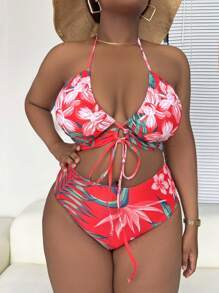 SHEIN Slayr 大尺寸熱帶印花掛脖比基尼套裝搭配沙灘裙夏季海灘 - 彩色 - 查看 3