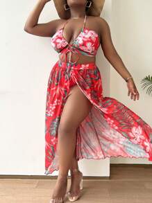 SHEIN Slayr 大尺寸熱帶印花掛脖比基尼套裝搭配沙灘裙夏季海灘 - 彩色 - 查看 5
