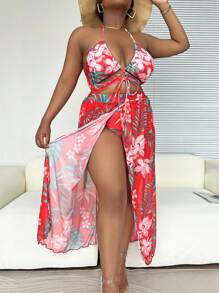 SHEIN Slayr 大尺寸熱帶印花掛脖比基尼套裝搭配沙灘裙夏季海灘 - 彩色 - 查看 6