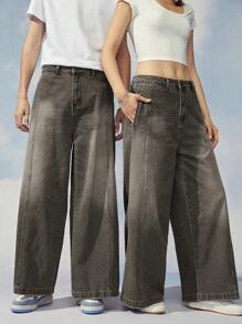 Manfinity Roghcode 1 chiếc quần jean ống rộng túi chéo chất liệu cotton dáng rộng - Màu xám đen - Xem 1