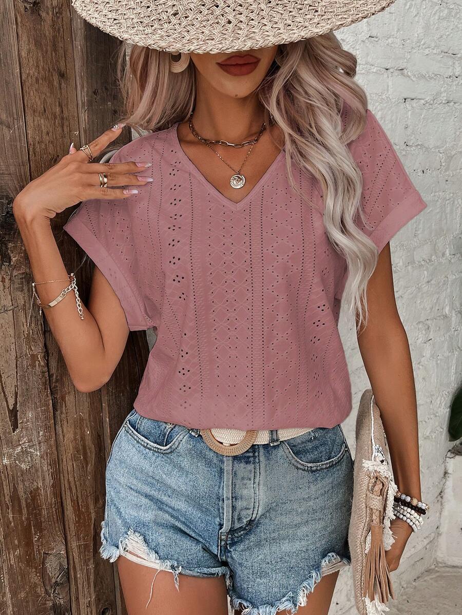 SHEIN Frenchy Áo thun nữ Tranh thêu màu trơn Giải trí - Bụi hồng - Xem 1