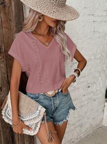 SHEIN Frenchy Áo thun nữ Tranh thêu màu trơn Giải trí - Bụi hồng - Xem 4