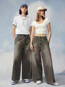 Manfinity Roghcode 1 chiếc quần jean ống rộng túi chéo chất liệu cotton dáng rộng - Màu xám đen - Xem 7