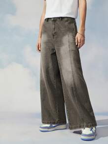 Manfinity Roghcode 1 chiếc quần jean ống rộng túi chéo chất liệu cotton dáng rộng - Màu xám đen - Xem 8
