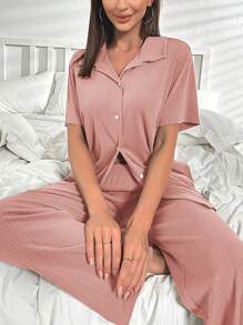 素色前紐扣休閒服套裝 - 粉色 - 查看 1