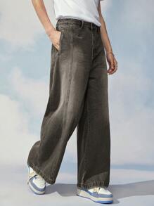 Manfinity Roghcode 1 chiếc quần jean ống rộng túi chéo chất liệu cotton dáng rộng - Màu xám đen - Xem 11