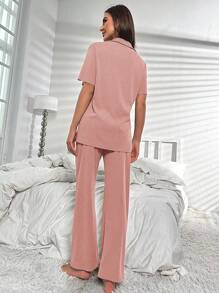 素色前紐扣休閒服套裝 - 粉色 - 查看 2