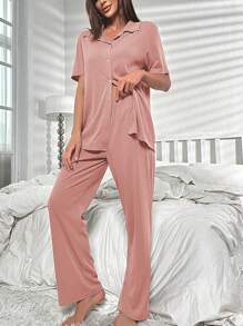 素色前紐扣休閒服套裝 - 粉色 - 查看 3