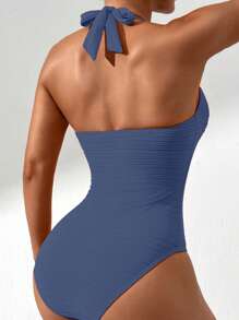 SHEIN Traje de baño de una pieza con cuello halter fruncido para el verano - Neblina azul - Ver 2
