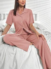 素色前紐扣休閒服套裝 - 粉色 - 查看 4