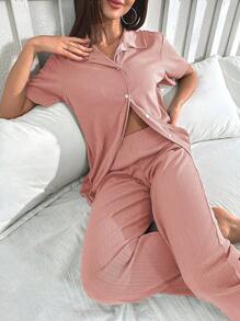 素色前紐扣休閒服套裝 - 粉色 - 查看 5