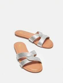 SheIn VCAY Phụ nữ Rhinestone Trang trí Flat Sandals, Glamour Satin Slide Flat Sandals - Bạc - Xem 6