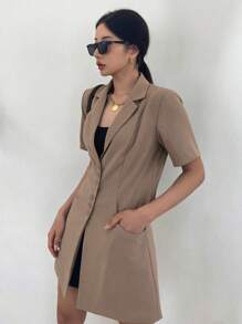 DAZY Solid Lapel Neck Button Front Blazer Business Attire - Khaki - View 8