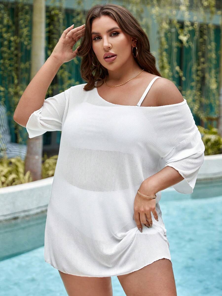 SHEIN Swim Curve Bộ bikini trơn cỡ lớn có che phủ bãi biển mùa hè - trắng - Xem 1