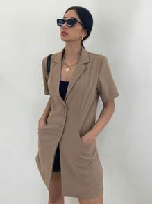 DAZY Solid Lapel Neck Button Front Blazer Business Attire - Khaki - View 5