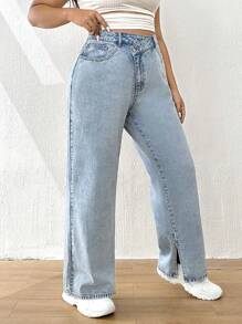 Elaquor 加大开叉下摆直腿男友风牛仔裤 - 淺色水洗藍 - 查看 4