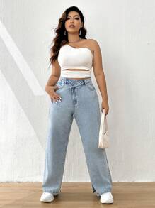 Elaquor 加大开叉下摆直腿男友风牛仔裤 - 淺色水洗藍 - 查看 5